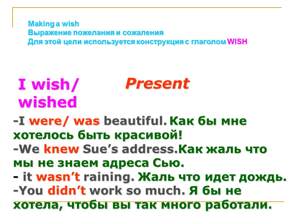 I wish/ wished -I were/ was beautiful. Как бы мне хотелось быть красивой! -We